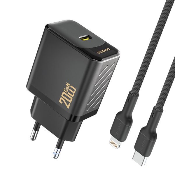 USB-C sienas lādētājs ar USB-C kabeli - iPhone Lightning GaN PD 20W - melns