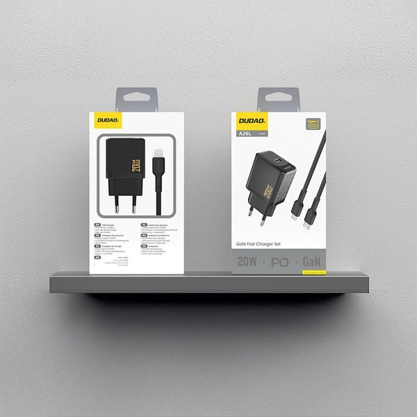 USB-C sienas lādētājs ar USB-C kabeli - iPhone Lightning GaN PD 20W - melns