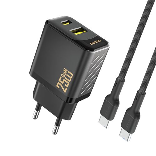 1032277-1-ladowarka-sieciowa-usb-a-usb-c-z-kablem-dudao-hurtownia-dropshipping.jpg USB-A USB-C sienas lādētājs ar USB-C GaN PD QC 25W kabeli - melns