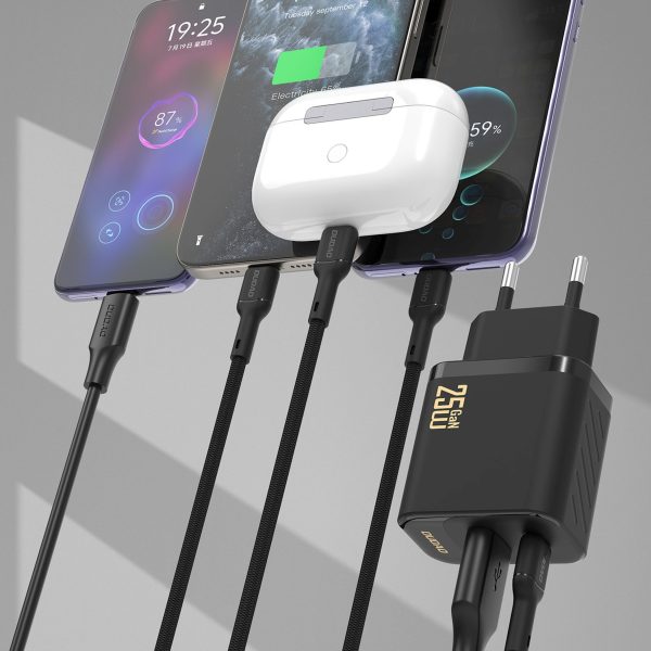 USB-A USB-C sienas lādētājs ar USB-C GaN PD QC 25W kabeli - melns