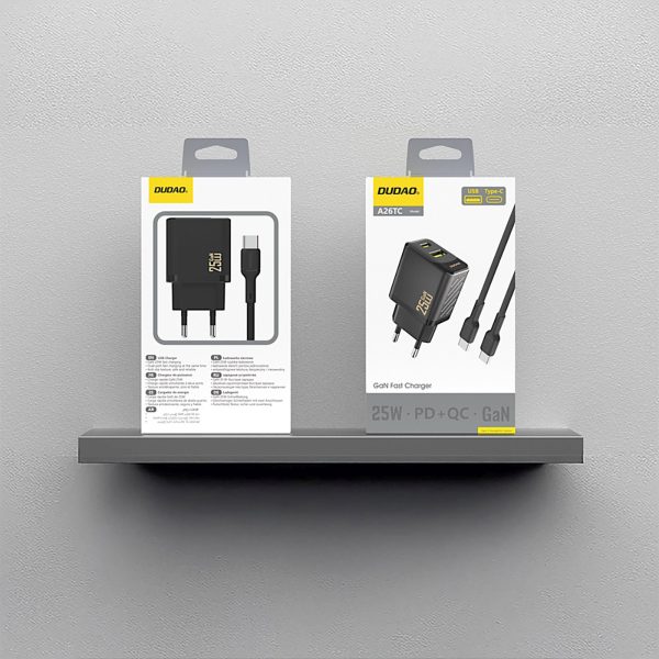 USB-A USB-C sienas lādētājs ar USB-C GaN PD QC 25W kabeli - melns