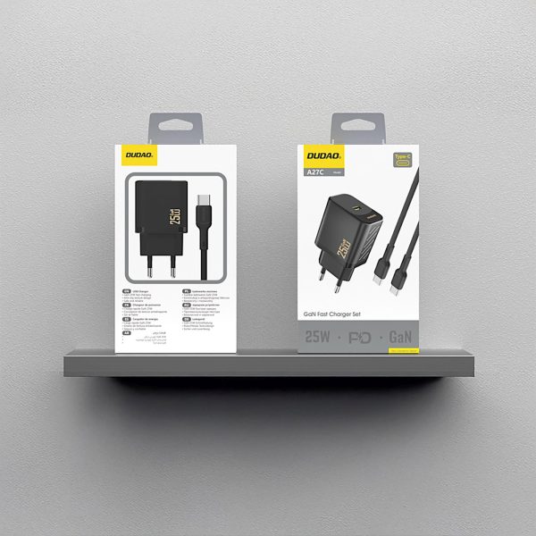 USB-C sienas lādētājs ar USB-C GaN PD 25W kabeli - melns