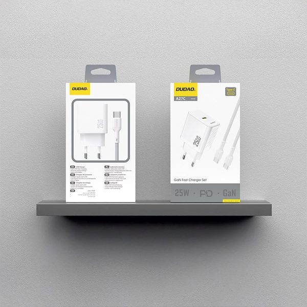 USB-C sienas lādētājs ar USB-C GaN PD 25W kabeli - balts