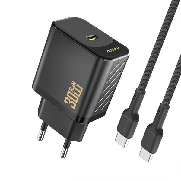 USB-C sienas lādētājs ar USB-C GaN PD 30W kabeli - melns