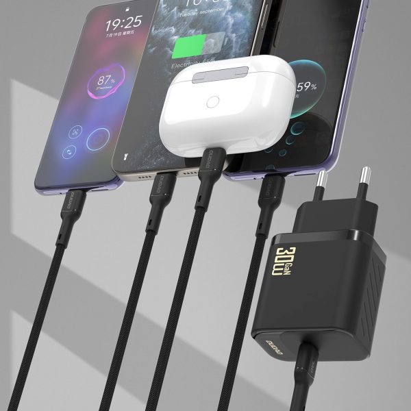 USB-C sienas lādētājs ar USB-C GaN PD 30W kabeli - melns