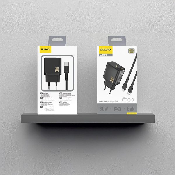 USB-C sienas lādētājs ar USB-C GaN PD 30W kabeli - melns