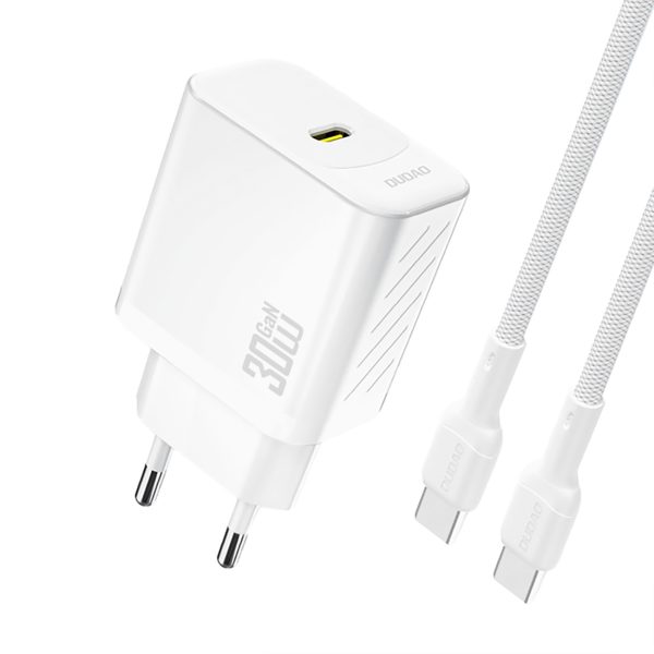USB-C sienas lādētājs ar USB-C GaN PD 30W kabeli - balts