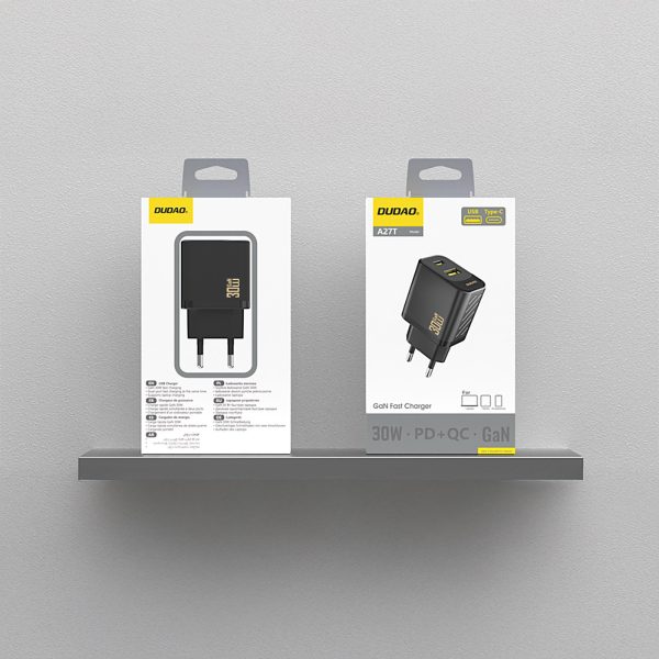 USB-A USB-C GaN PD 30W sienas lādētājs - melns