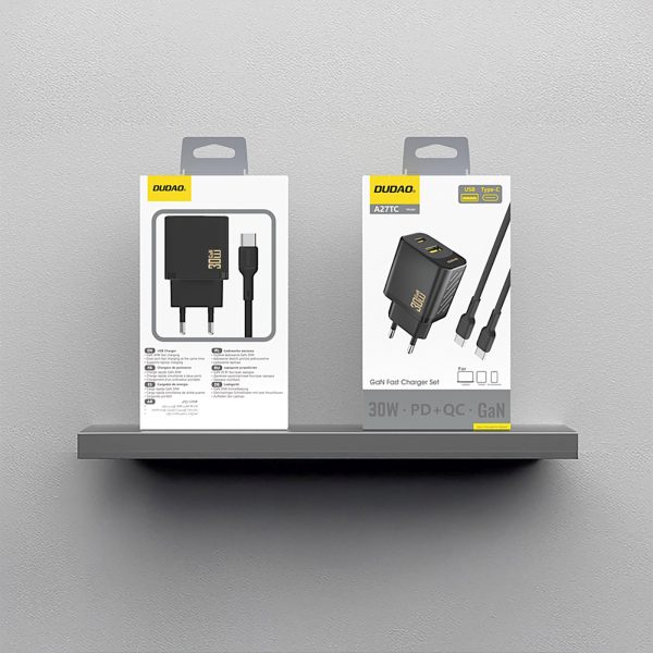 USB-A USB-C sienas lādētājs ar USB-C GaN PD 30W kabeli - melns