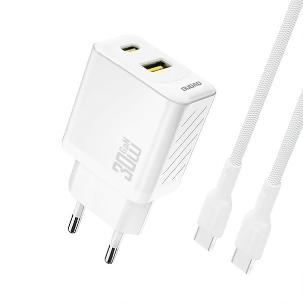 USB-A USB-C sienas lādētājs ar USB-C GaN PD 30W kabeli - balts