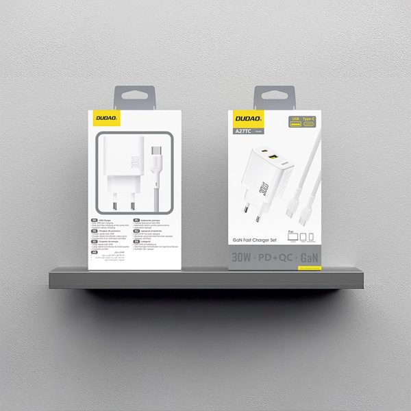 USB-A USB-C sienas lādētājs ar USB-C GaN PD 30W kabeli - balts