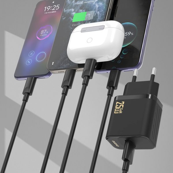 USB-A sienas lādētājs ar USB-A - USB-C GaN kabeli 25W - melns