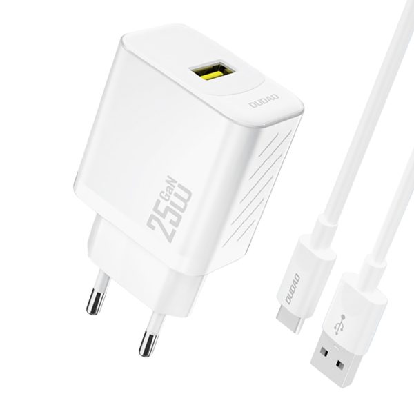 USB-A sienas lādētājs ar USB-A - USB-C GaN kabeli 25W - balts