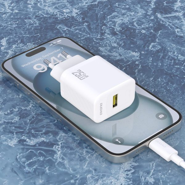 USB-A sienas lādētājs ar USB-A - USB-C GaN kabeli 25W - balts