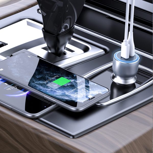 USB-A USB-C PD QC LED automašīnas lādētājs 120 W - pelēks