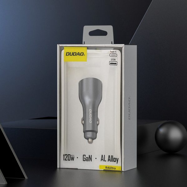 USB-A USB-C PD QC LED automašīnas lādētājs 120 W - pelēks