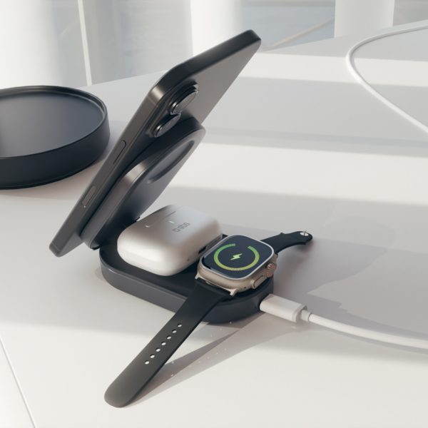 3-in-1 bezvadu salokāma uzlādes stacija iPhone Apple Watch AirPods QI2 MFI - melna