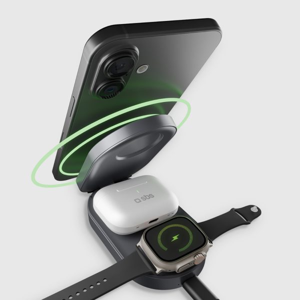 3-in-1 bezvadu salokāma uzlādes stacija iPhone Apple Watch AirPods QI2 MFI - melna