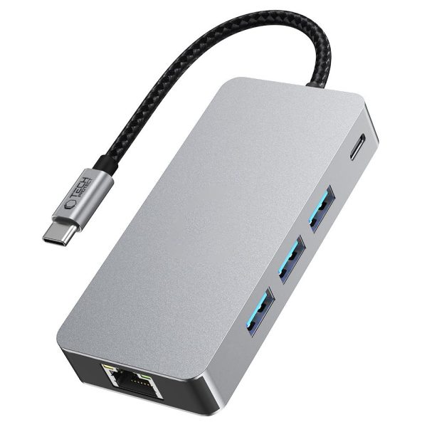 9in1 centrmezgla adapteris USB-C USB-A HDMI SD TF RJ45 4K 60Hz - pelēks