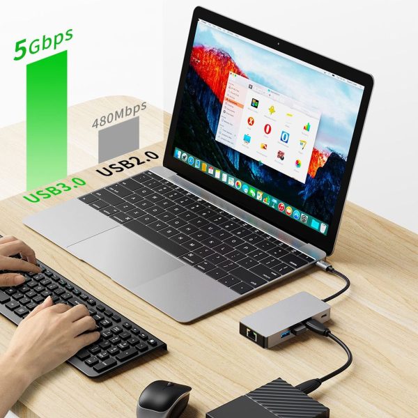 9in1 centrmezgla adapteris USB-C USB-A HDMI SD TF RJ45 4K 60Hz - pelēks