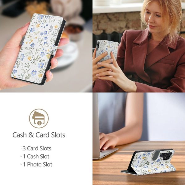 Mākslīgās ādas maciņš Samsung Galaxy A26 5G / A17 4G / 5G Wallet - margrietiņas ar lapām