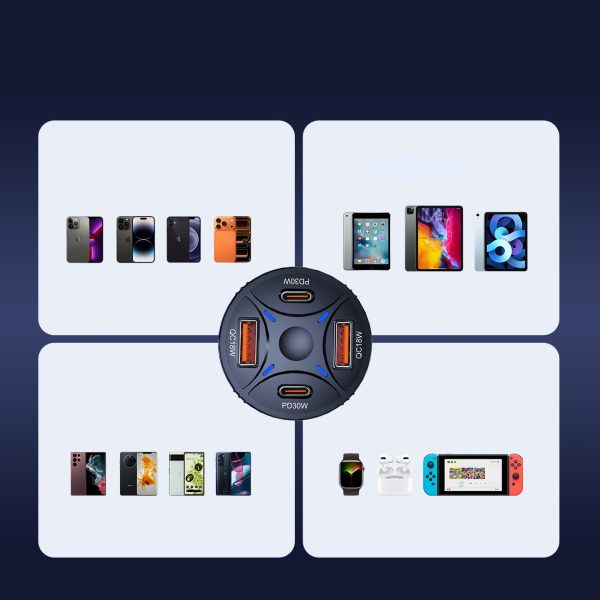 Automašīnas lādētājs 2xUSB-C 2xUSB-A 60W - melns