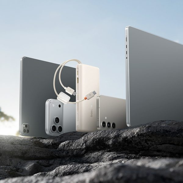 Powerbank 20000mAh 100W ar displeju un diviem USB-C kabeļiem - bēša