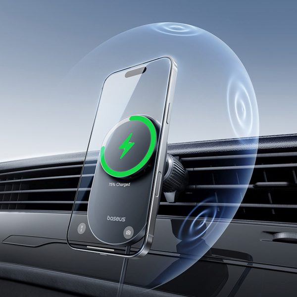 Magnētiskais automašīnas turētājs ar Qi2.2 režģa lādētāju un ventilatoru - melns