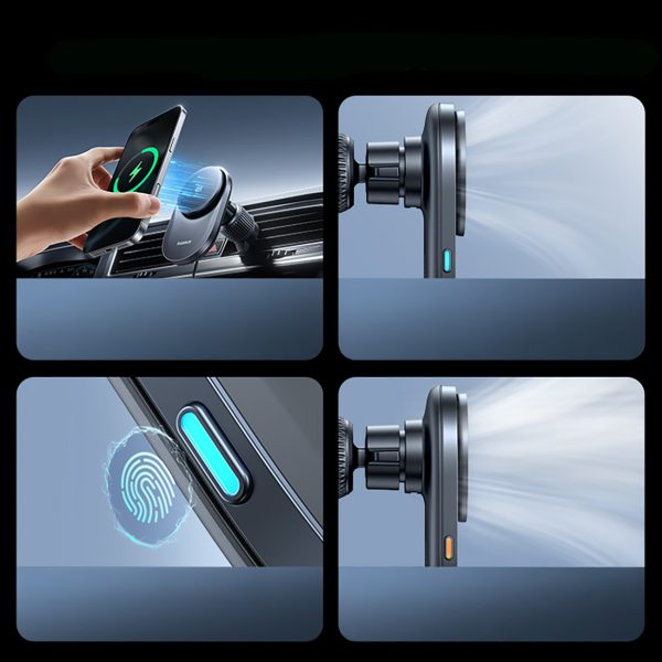 Magnētiskais automašīnas turētājs ar Qi2.2 režģa lādētāju un ventilatoru - melns