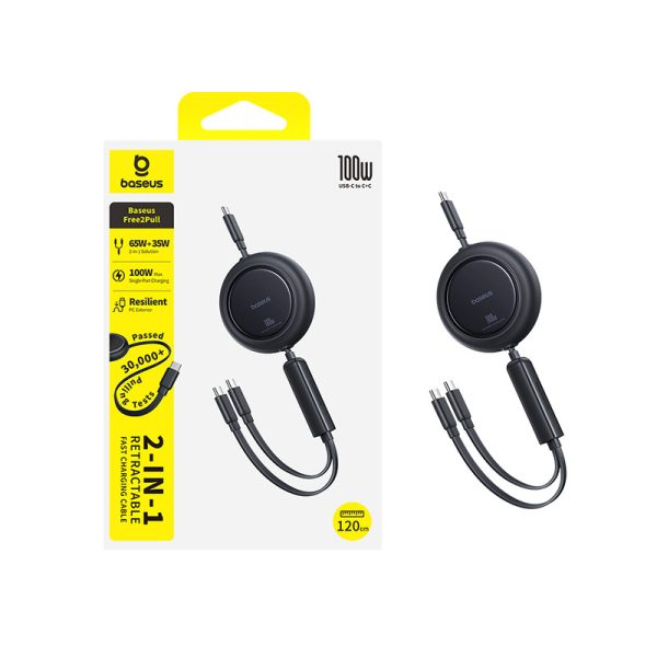 2-in-1 USB-C 100W izvelkams kabelis 1,2 m - melns