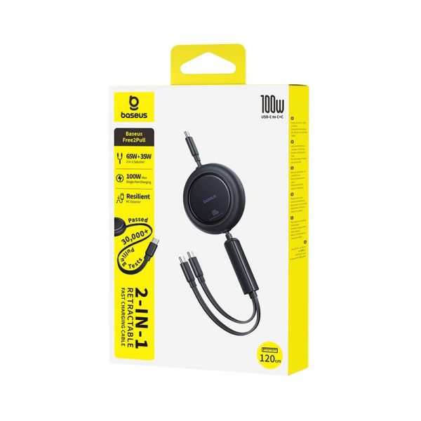 2-in-1 USB-C 100W izvelkams kabelis 1,2 m - melns