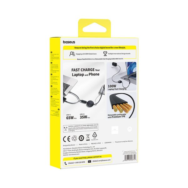 2-in-1 USB-C 100W izvelkams kabelis 1,2 m - melns