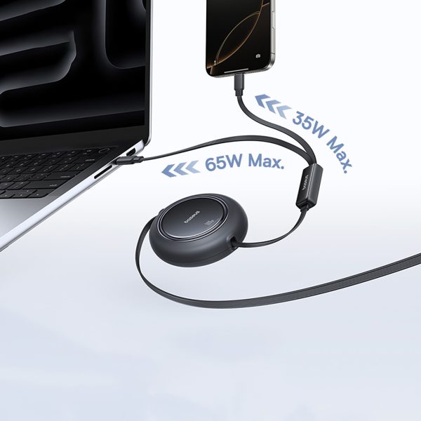 2-in-1 USB-C 100W izvelkams kabelis 1,2 m - melns