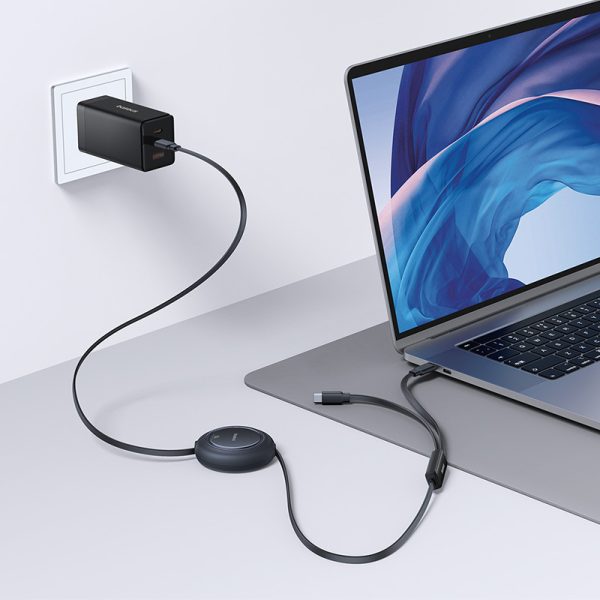 2-in-1 USB-C 100W izvelkams kabelis 1,2 m - melns