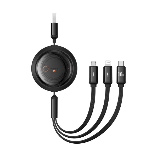 3-in-1 izvelkams kabelis USB-A - MicroUSB/Lightning/USB-C 100W 1.1m - melns