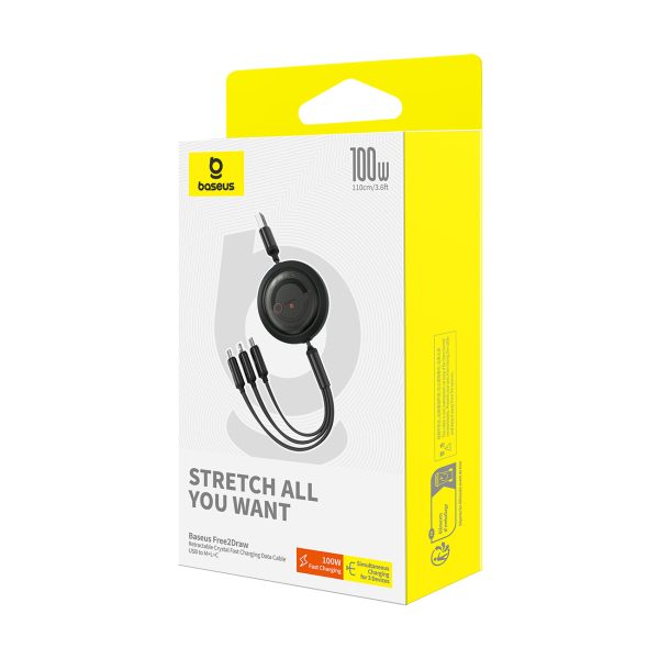 3-in-1 izvelkams kabelis USB-A - MicroUSB/Lightning/USB-C 100W 1.1m - melns