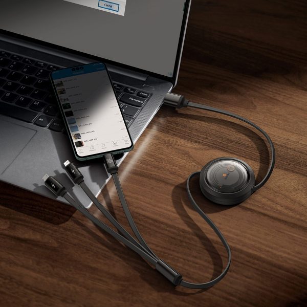 3-in-1 izvelkams kabelis USB-A - MicroUSB/Lightning/USB-C 100W 1.1m - melns