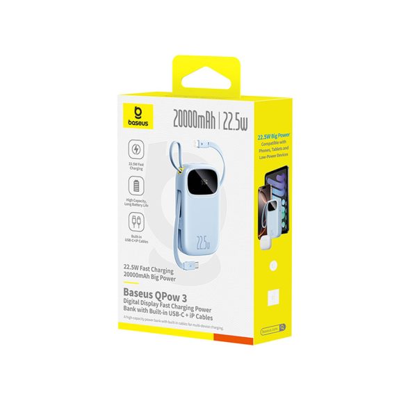 Powerbank 20000mAh ar displeju un iebūvētiem kabeļiem EnerFill FC31 22.5W - zils