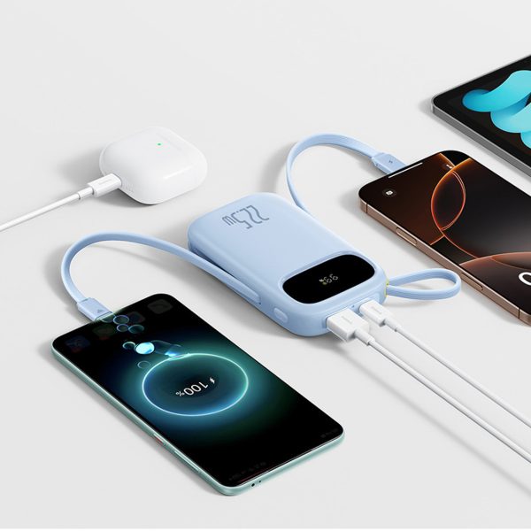 Powerbank 20000mAh ar displeju un iebūvētiem kabeļiem EnerFill FC31 22.5W - zils