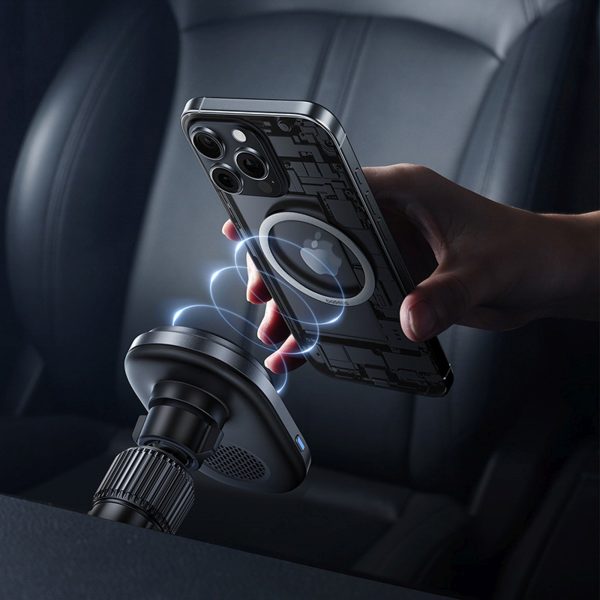 Magnētiskais turētājs ar induktīvo lādētāju viedtālruņiem uz gaisa atveres Qi2 - melns