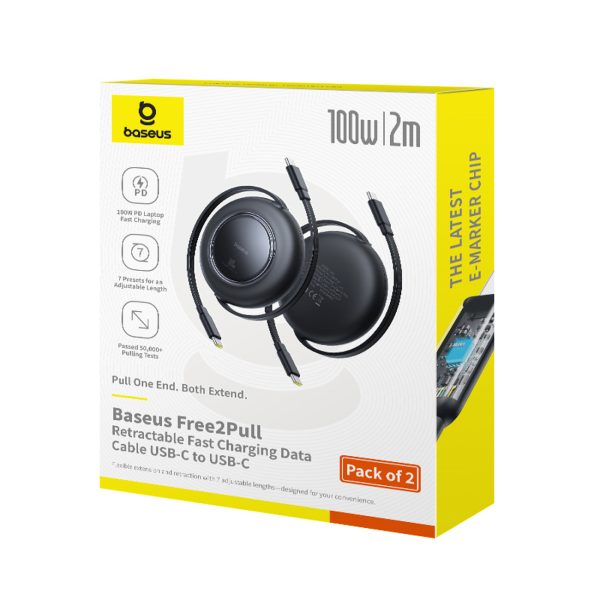 Ievelkams USB-C kabelis 100W 2m melns - 2 gab.