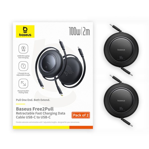 Ievelkams USB-C kabelis 100W 2m melns - 2 gab.