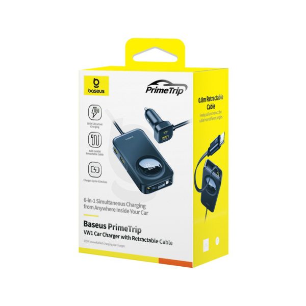 Automašīnas lādētājs ar ievelkamu vadu 6 ierīcēm 60W - melns