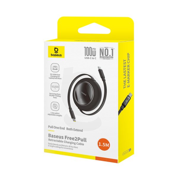 USB-C Free2Pull Mini 100W ievelkams kabelis 1,5 m - melns