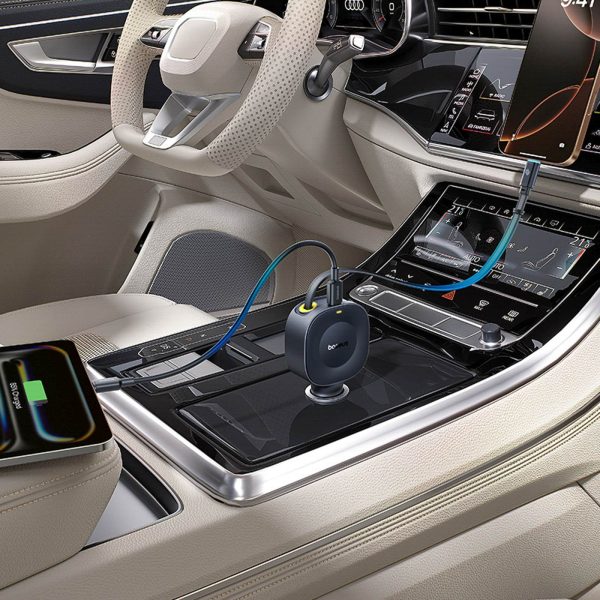 USB-C automašīnas lādētājs ar ievelkamu USB-C kabeli 30W - melns