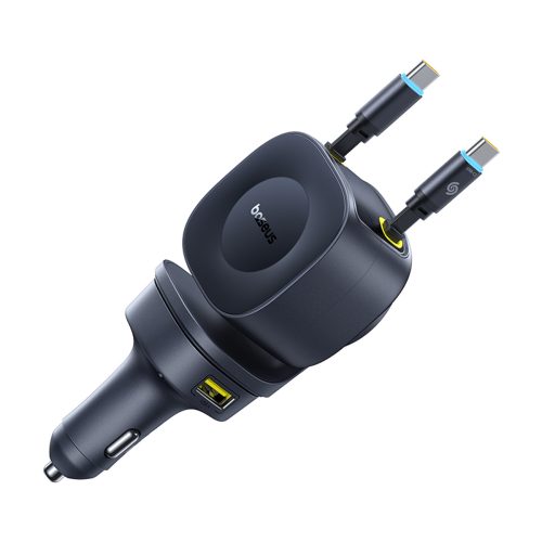 USB-C USB-A automašīnas lādētājs ar ievelkamu USB-C kabeli 60W - melns