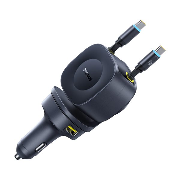USB-C USB-A automašīnas lādētājs ar ievelkamu USB-C kabeli 60W - melns
