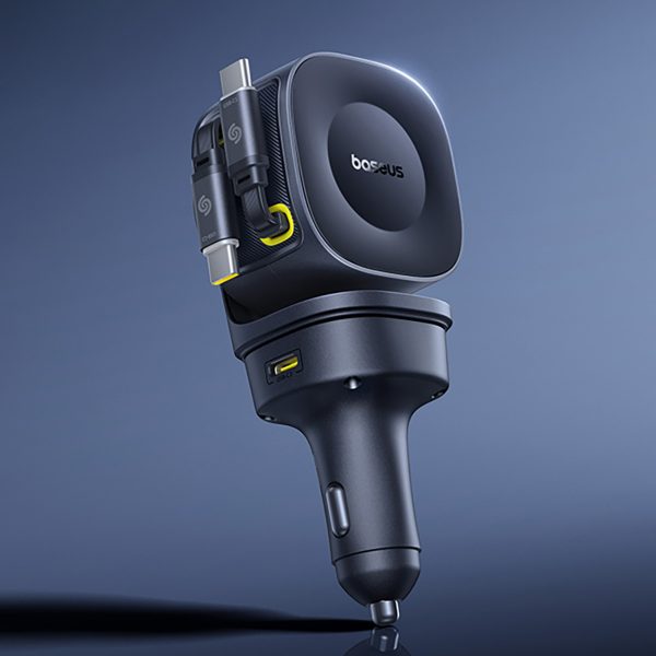 USB-C USB-A automašīnas lādētājs ar ievelkamu USB-C kabeli 60W - melns