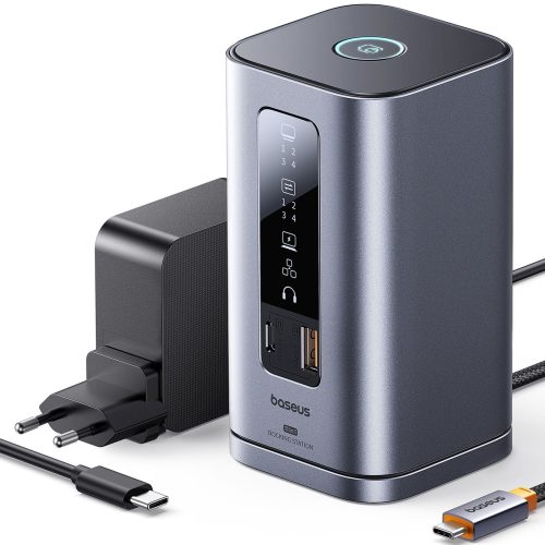 HUB dokstacija 11in1 USB-C HDMI DP USB-A USB-C RJ45 PD Mini Jack 3.5mm ES lādētājs - pelēks