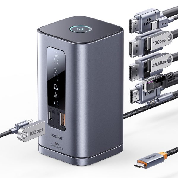 HUB dokstacija 11in1 USB-C HDMI DP USB-A USB-C RJ45 PD Mini Jack 3.5mm ES lādētājs - pelēks